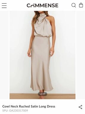 Commense Apricot Asymmetrical Cowl Neck Ruched Satin Maxi Dress - Size S, NWT